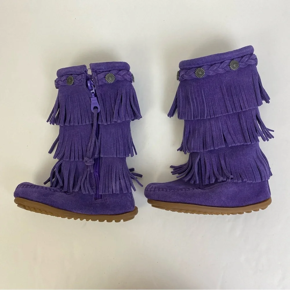 Minnetonka Purple Fringe Kids Moccasin Boots